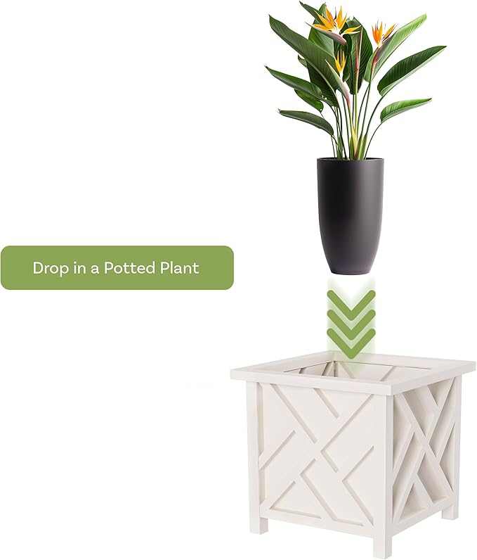 Lattice Design Outdoor Planter Box - 14.75” Square 13” Tall White Plant Pot - Decorative Plant Pots for Front Porch Decor - Flower Pots Outdoor Planters for Porch Patio or Garden Decor by Pure Garden