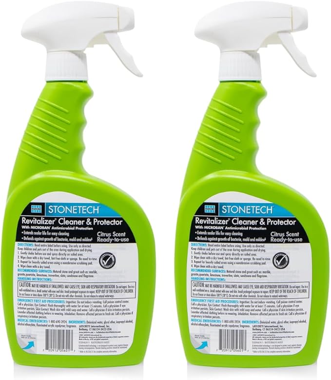 StoneTech Revitalizer Cleaner and Protector | Natural Stone Cleaner | Marble, Quartz, Granite Countertop Cleaner | 3-in-1 Cleans and Reseals | 2-Pack 24 oz Spray + Microfibers, Citrus Scent