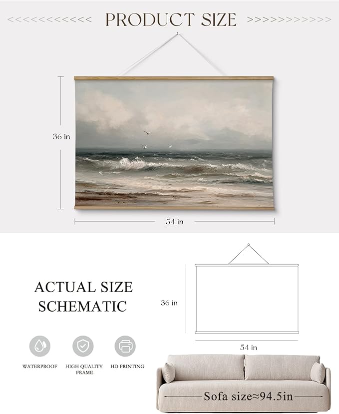 ARPEOTCY Extra Large Vintage Framed Wall Art, 36x54 Inch Coastal Ocean Gulls and the Sea Hanging Canvas Prints Scroll Wall Art Decor for Living Room Bedroom, Retro Scenery Pictures Above of Bed