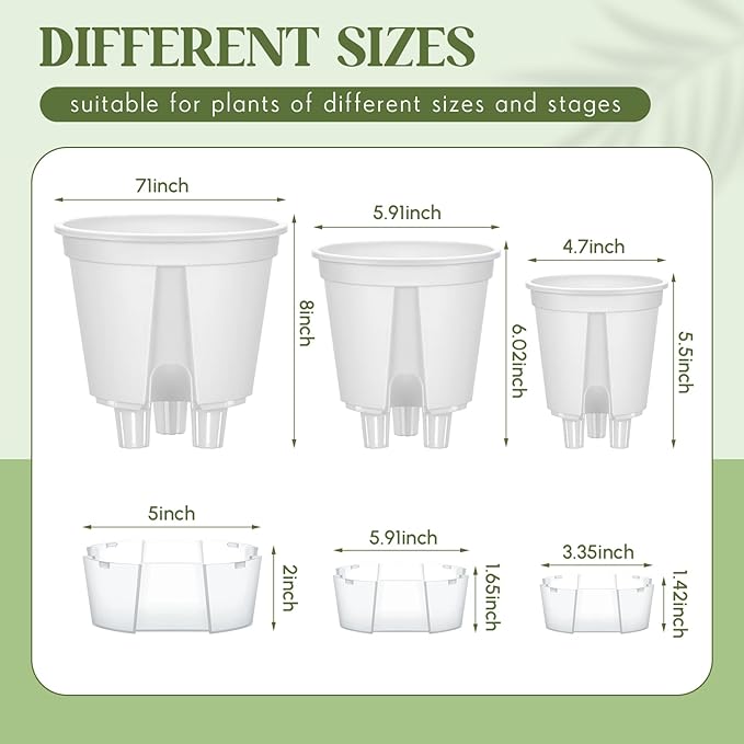 Wonderjune Self Watering Pots for Indoor Plants with Deep Reservoir and High Drainage Holes for Outdoor Plants and Flowers, Bare Root Planter(4.72'', 5.91'', 7.09'',White,9 Pcs)