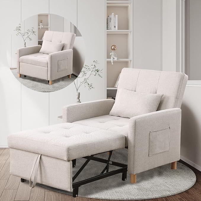 Convertible Sleeper Chair,Pull-Out Sofa Bed with Adjustable Backrest, Multi-Functional Lounge Chair for Living Room, Space-Saving Modern Accent Furniture (Beige)