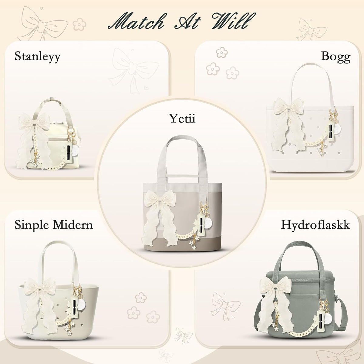 Skiennix Tote Bag Decor Kit - 5PCS Decorative Charms with Bow, Lipstick Holder & Pom Pom | Compatible with YETI Camino 20/35/50 & Bogg Bag Accessories for Women