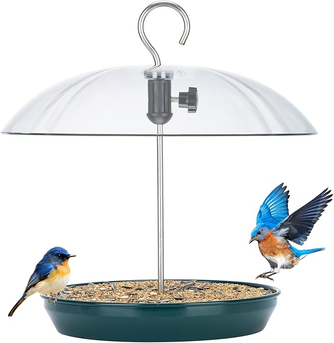Kingsyard Adjustable Platform Bird Feeder for Outdoors, Hanging Metal Seed Tray with Clear Rain Proof Dome, Large Capacity for Wild Bluebird Cardinal Dove Mealworm, Green