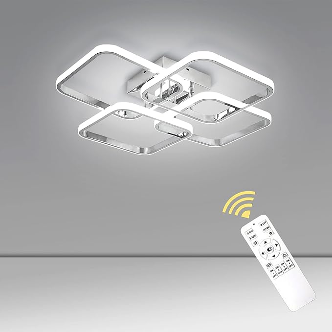 Dimmable Modern Led Ceiling Light, 4 Rings Square Ceiling Lamp with Remote Control, 48W Chrome Acrylic Ceiling Lighting Fixture for Living Room Dining Room Kitchen Office Lamps