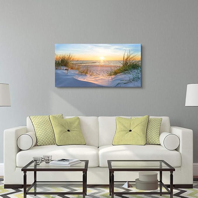 Canvas Wall Art For Living Room Super Large Size Wall Decor For Office Canvas Art Framed Pictures Artwork Blue Sun Beach Grass Ocean Landscape Paintings Bedroom Decor Seascape Draw Home Decorations