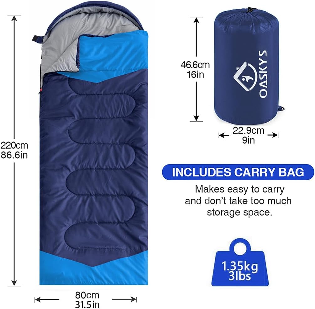 oaskys Camping Sleeping Bag - 3 Season Warm & Cool Weather - Summer Spring Fall Lightweight Waterproof for Adults Kids - Camping Gear Equipment, Traveling, and Outdoors