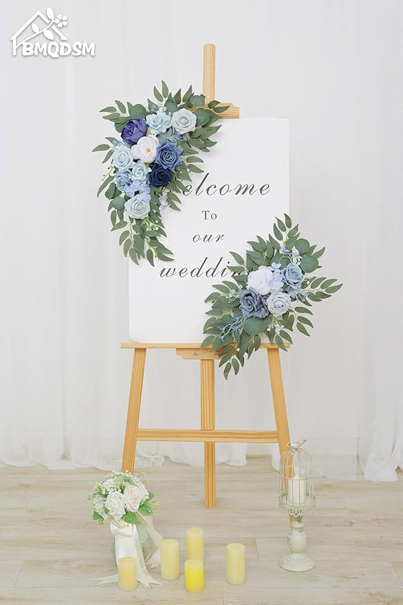 Wedding Welcome Signs Floral(Pack of 2)，Wedding Arch Flowers for Wedding Decorations and Reception Backdrop Decoration（New Blue）