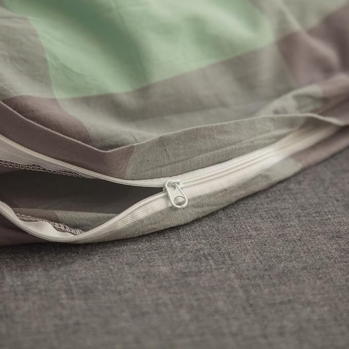 FACE TWO FACE Bedding Duvet Cover Set100% Washed Cotton Duvet Cover Linen Like Textured Breathable Durable Soft Comfy (California King, Light Green Grid)
