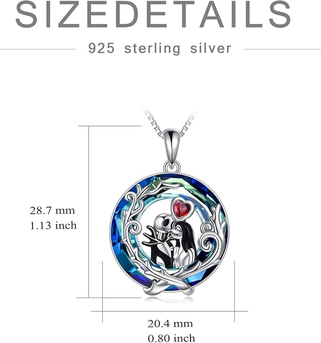 LILALO Christmas Gifts Nightmare Necklace Sterling Silver Abalone Shell Crystal Jack and Sally Necklace Jack Skellington Skull Jewelry Skull Necklaces for Women