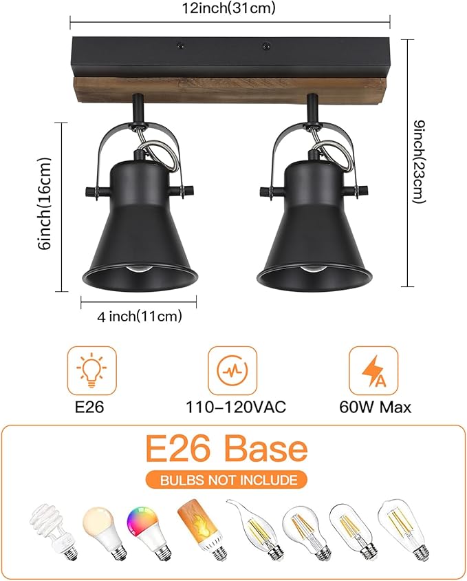 SEEBLEN 2-Light Track Light Fixtures, Adjustable Ceiling/Wall Mount, Industrial Black Kitchen Track Lighting for Living Room, Dining Room, Hallway, Bathroom