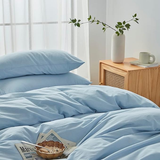 FACE TWO FACE Bedding Duvet Cover Set100% Washed Cotton Duvet Cover Linen Like Textured Breathable Durable Soft Comfy (Queen, Light Cyan)