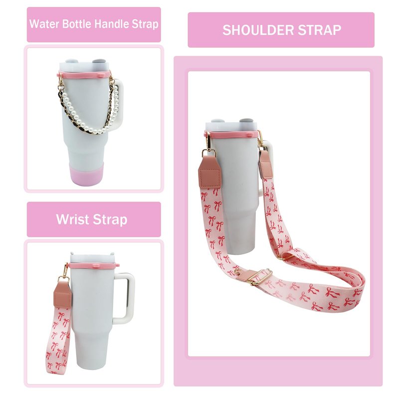 Removable Water Bottle Shoulder Strap Set for Stanley Cup 40/30/20 OZ，Including Pearl Water Handle Strap、Cup Holder Shoulder Strap、Bow keychain、Cup Ring、silicone boots、Sparkling packet（Bow pink）