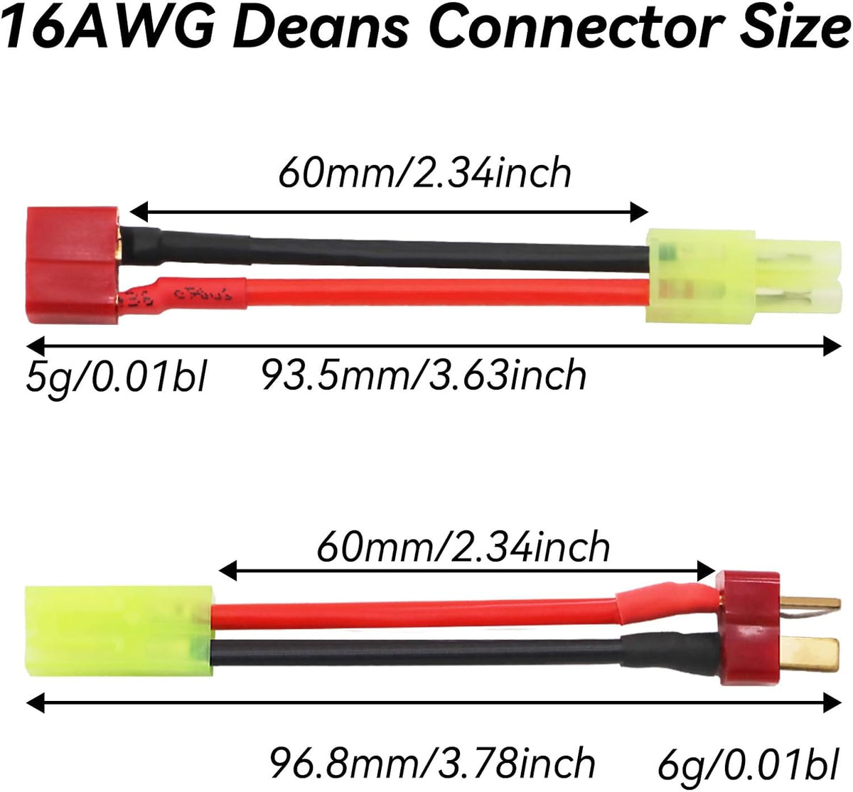 Tamiya Connector to Deans Adapter - 10 Pack 16AWG Male/Female Cable for RC Cars & Airsoft