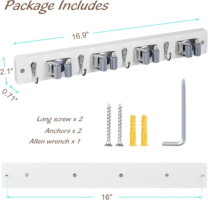 OUTNILI 2 Pack Mop Broom Holder Wall Mount - White Wood Broom Mop Hanger - Wall Mounted Garden Tool Rack Organizer for Closet Garage Laundry Room, 4 Slots & 4 Hooks