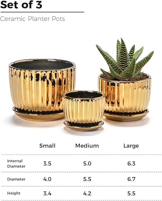 Ton Sin Gold Plant Pots,4.1+5.1+6.5 Inch Ceramic Succulent Planters Set of 3,Indoor Flower Pot with Drainage,Handmade Decorative Ceramic Orchid and Herb Pots(Gold)