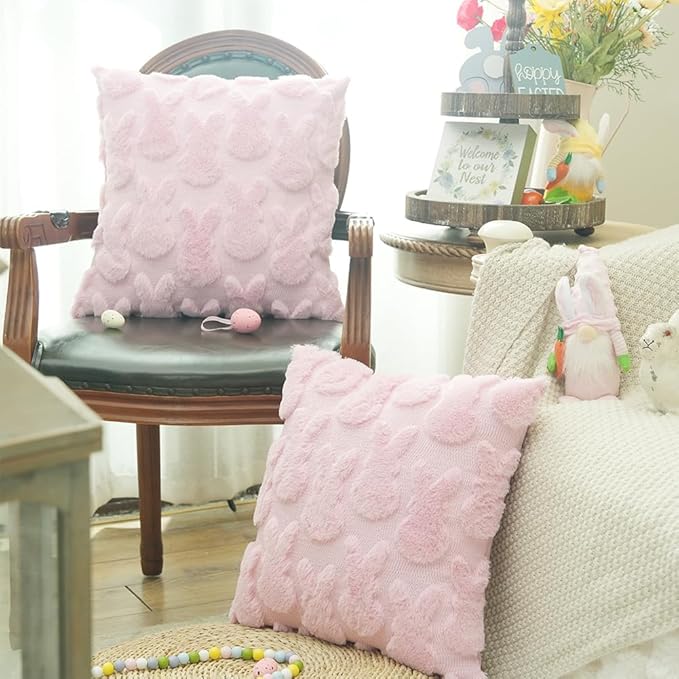 GEEORY Easter Bunny Soft Plush Pillow Covers, 20 x 20 Inch Set of 2, Fluffy Faux Fur Wool Decorative Farmhouse Cushion Case for Sofa Home Decoration Pink GC015-20
