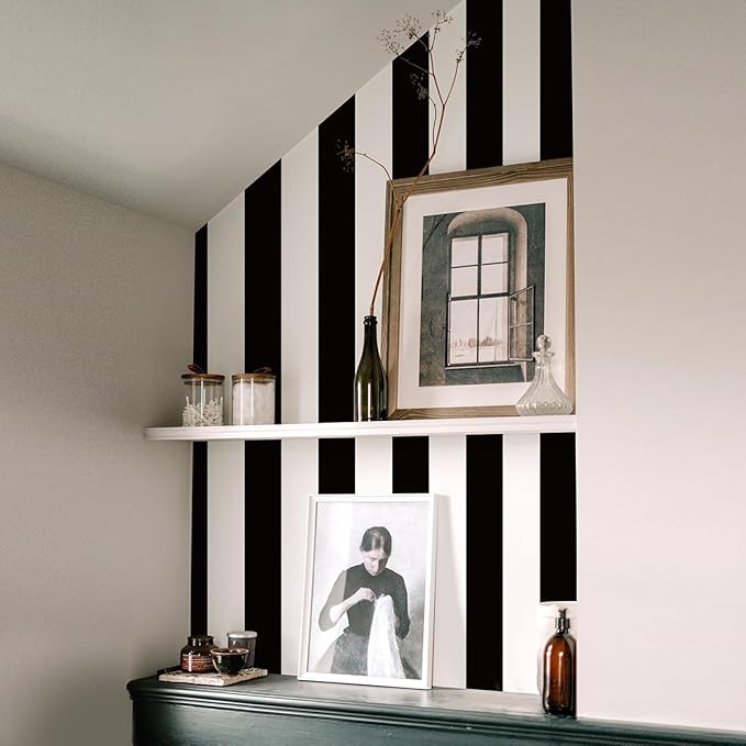 Jeweluck Black and White Wallpaper Peel and Stick Wall Paper 17.7”x118.1” Black