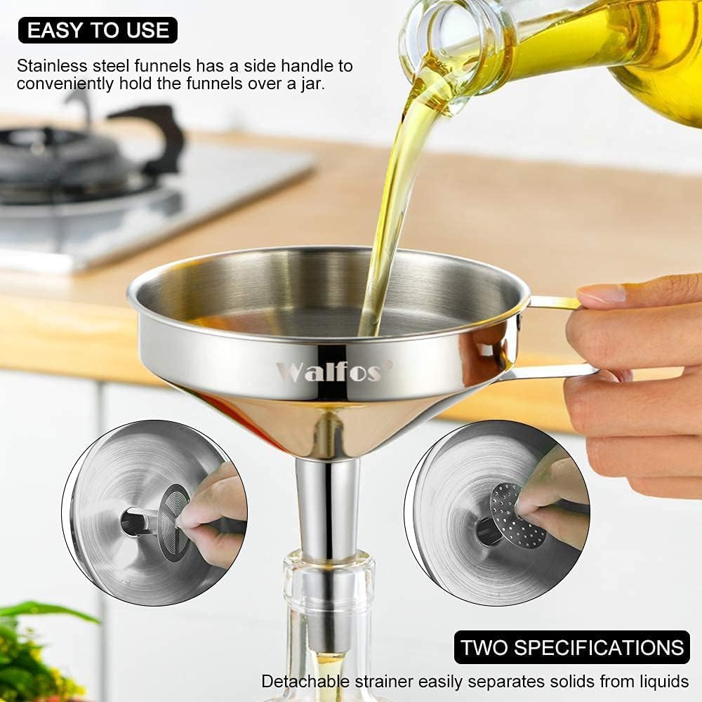Stainless Steel Funnel, Walfos 6 Different Sizes of Kitchen funnels with 2 Removable Strainer ＆ 1Pcs Cleaning Brush, 200 Mesh Food Filter Strainer,for Transferring of Liquid, Oils, Jam, Powder