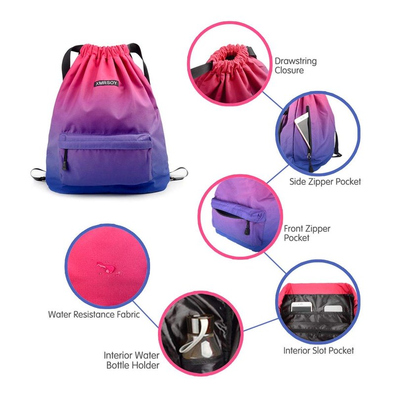 XMRSOY Gym Drawstring Backpack Water Resistant String Bag Nylon Cinch Sport Bag Sackpack