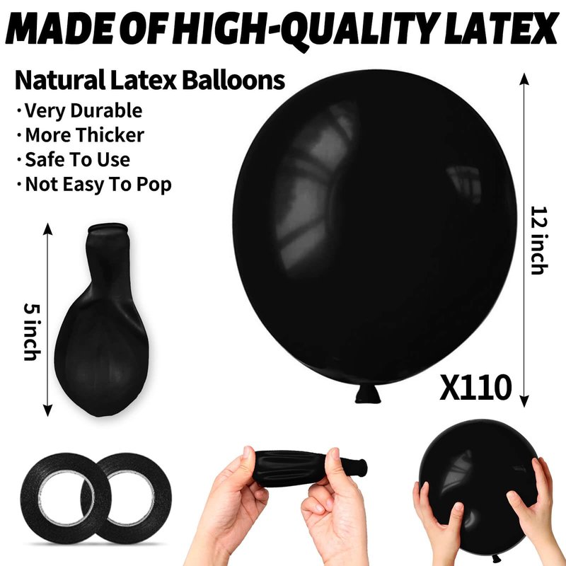 110pcs Black Balloon 12 inch, Black Latex Balloons for Birthday Party Baby Shower Wedding(with 2 Ribbons).