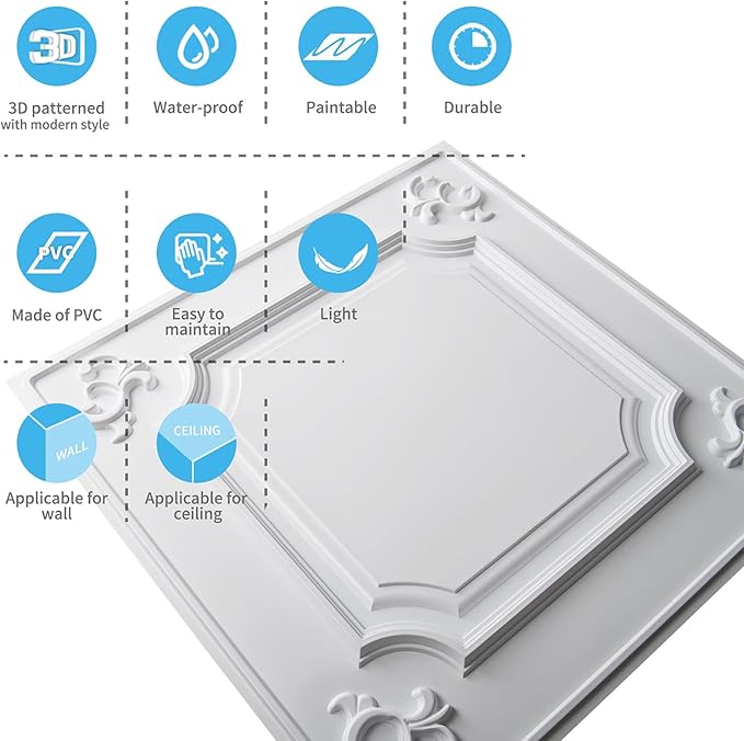 Art3d Drop Ceiling Tiles 24x24 in White, Wainscoting Panels Glue Up 2x2