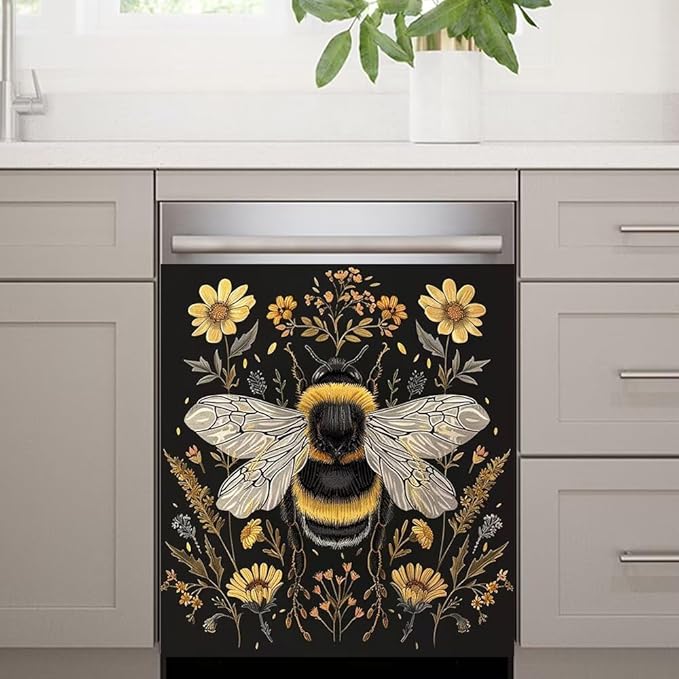 Flower and Bee Wallpaper Dishwasher Magnet Cover Sticekr - Kitchen Decorative Fridge Panel Decal - Kitchen Appliances Decorate Sticker - 23W x 17H inchs