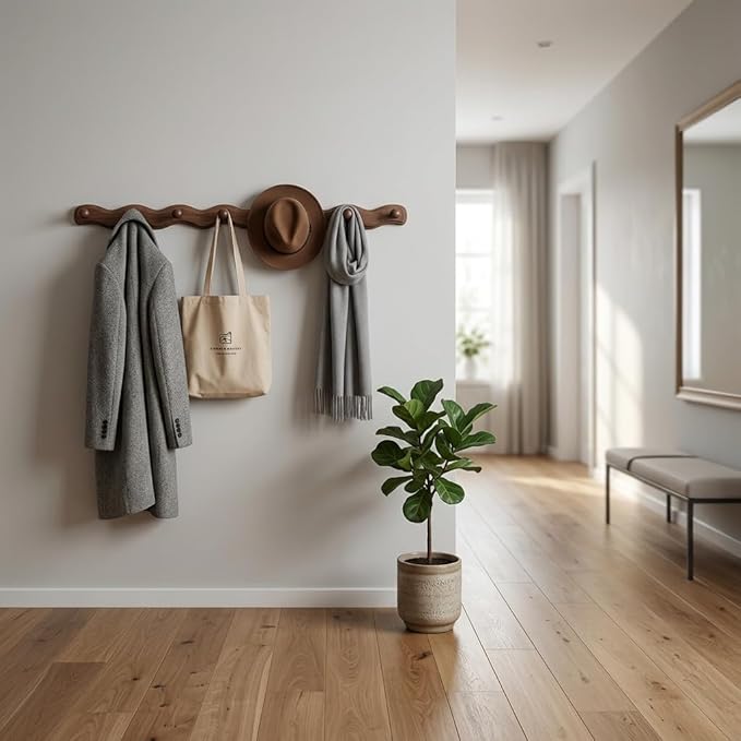 Wood Coat Rack Wall Mount -8 Pack Walnut Coat Hooks