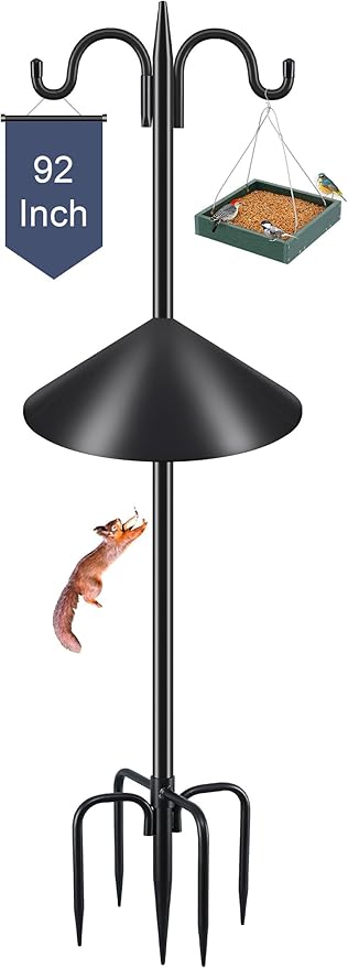 Gtongoko Squirrel Proof Bird Feeder Pole, 92 Inch Double Shepherds Hook with 19 Inch Squirrel Baffle, Heavy Duty Adjustable Outdoor Bird Feeder Stand with 5-Prong Base for Garden, Plants, Black