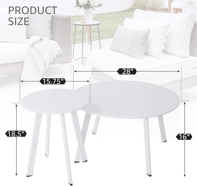 Meluvici Outdoor Patio Coffee Table Set of 2, Weather Resistant End Table, Round Nesting Tables for Living Room Balcony Office, White