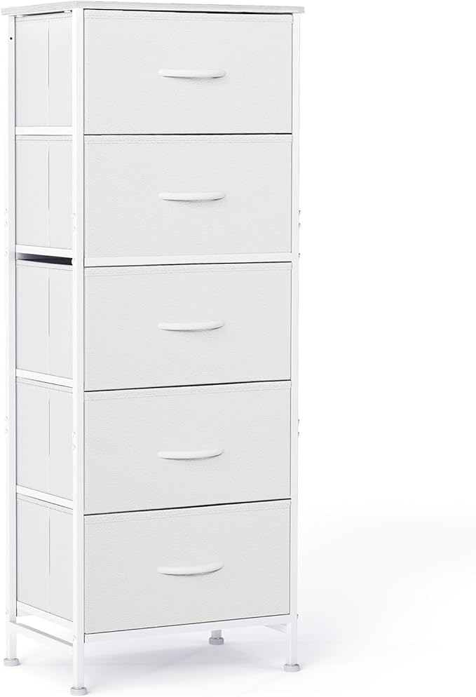 Sweetcrispy 5 Drawer Dresser with Fabric Bins, Sturdy Steel Frame and Wood Top, Storage Organizer Chest for Bedroom, Closet, Hallway, White
