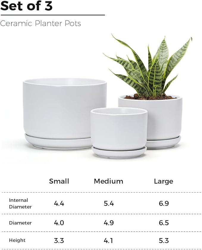 Ton Sin Ceramic Pots for Plants, 4.4+5.4+6.9 Inch Set of 3, Matte White Flower Pot & Plant Pot with Drainage Hole Saucer, Small Indoor Planters for Succulent Cactus, Home Decor Gift