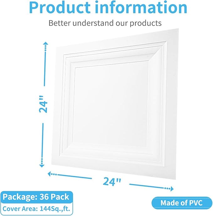 Art3d 36-Pack Square Drop Ceiling Tile 2ft x 2ft in White, PVC Ceiling Panel 24