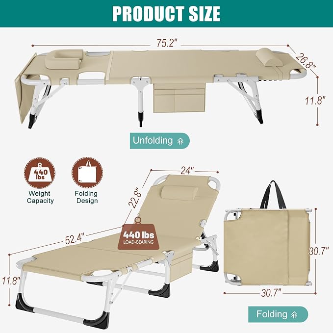 DoCred Heavy Duty XXL Tanning Chair with Face Hole&Mat, Oversized 5-Position Folding Chaise Lounge Chairs for Outside, Portable Beach Lounge Chair for Outdoor Sunbathing Beach Pool Lawn Camping