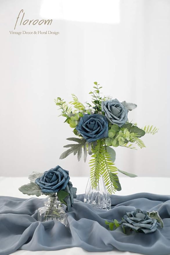 Floroom Artificial Flowers 25pcs Real Looking Dusty Blue Foam Fake Roses with Stems for DIY Wedding Bouquets Bridal Shower Floral Centerpieces Party Tables Decorations