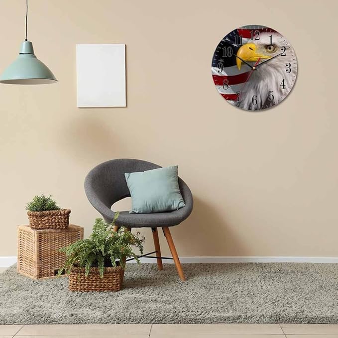 Mxocom American Bald Eagle Wall Clock USA Flag Majestic Bird Freedom 10 Inch