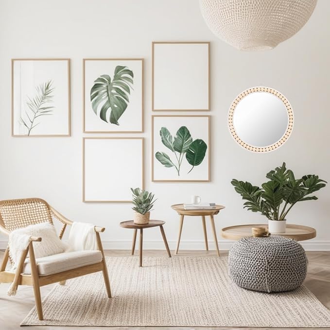 Eorbow Boho Wall Mounted Mirror, 12 Inch Round Wooden Bead Hanging Mirrors