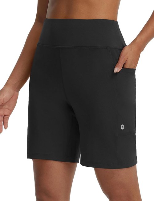 Baleaf Women's High-Waisted Bermuda Shorts - Athletic Running & Workout Shorts with Zipper Pockets