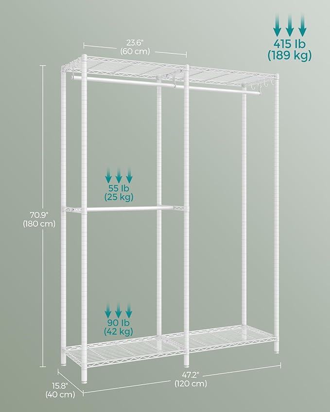 SONGMICS Clothes Rack, Freestanding Wardrobe Closet, Metal Clothing Racks, Heavy-Duty Garment Rack with Adjustable Shelves, Hanging Rods, Dividable, 15.8 x 47.2 x 70.9 Inches, Cloud White ULGR423W01