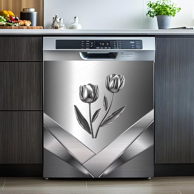 Stainless Steel Design Flower Pattern Magnetic Dishwasher Stickers Cover for Front Door,Refrigerator Magnetic Cover Kitchen Decorative,Home Appliance Vinyl Sticker 23W x 26H inchs