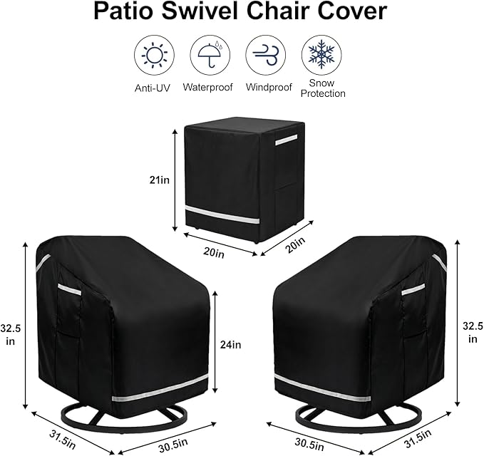 3 Pack Patio Chair Covers, Outdoor Furniture Protection with Straps, Heavy Duty Waterproof Fabric, UV Resistant, Lawn Patio Furniture Covers with Reflective Strips, 32.5" W x 31.5" D x 30.5" H