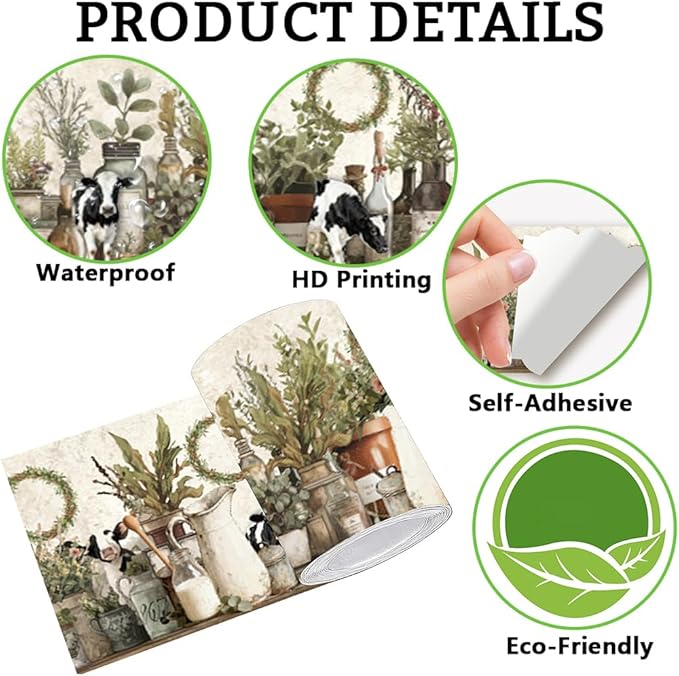 Farmhouse Wallpaper Border Wall Border Trim Peel and Stick 19.7 x 4 Inch Cattle