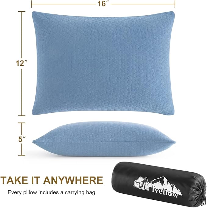 Ivellow Memory Foam Travel Pillow Compressible Camping Pillow for Sleeping Shredded Memory Foam Pillow Compact Firm Supportive Travel Pillow for Adults Kids Outdoor Hiking Essential Gear Blue-S