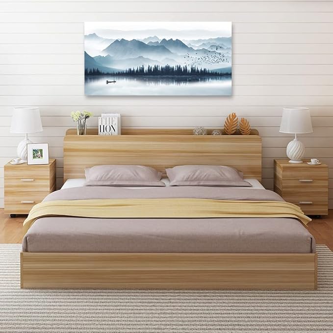 arteWOODS Indigo Canvas Wall Art Misty Mountain Wall Pictures Foggy Lake Boat Canvas Painting Blue Forest Birds Canvas Wall Decor for Living Room Wall Decorations Framed Ready to Hang 29" x 58"