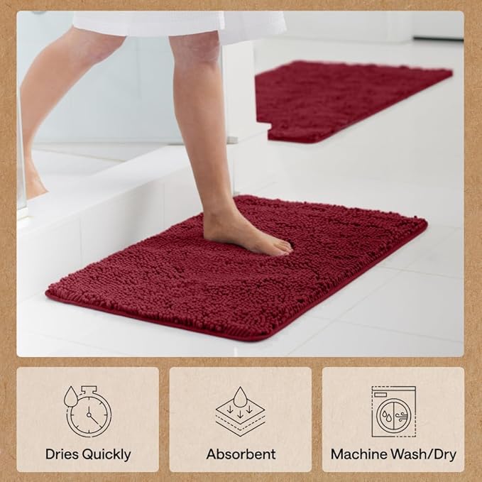 GORILLA GRIP Bath Rug Mat 36x24, Soft Absorbent Chenille, Quick Dry Microfiber Mats, Rubber Backing Washable Shower Floor Rugs, Bathmat Runner, US Designed Bathroom Home Decor Accessories Burgundy