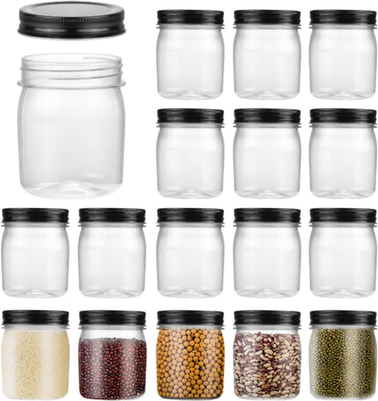 Plastic Mason Jars Reusable Storage Containers with Silver Airtight Lid 8 Ounce Clear Jars for Dry Foods, Coffee,BPA Free (16 Pack-Black)