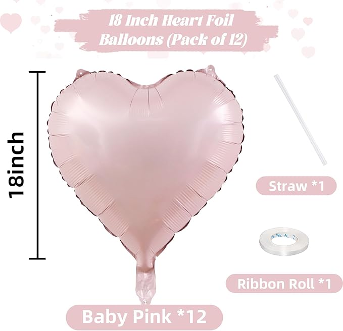 Baby Pink Heart Balloons, 18 Inch, 12Pcs Large Pearl Mylar, Pastel Helium Foil for Boho Girls Women Birthday Wedding Baby Shower Valentines