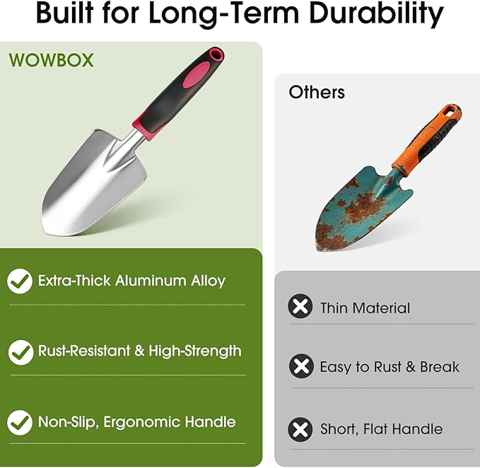 WOWBOX Garden Tools Set - 10 PCS, Heavy Duty Gardening Hand Tools Kit with Storage Tote, Rust-Resistant Gardening Supplies for Planting with Non-Slip Ergonomic Handle for Women and Men (Red)