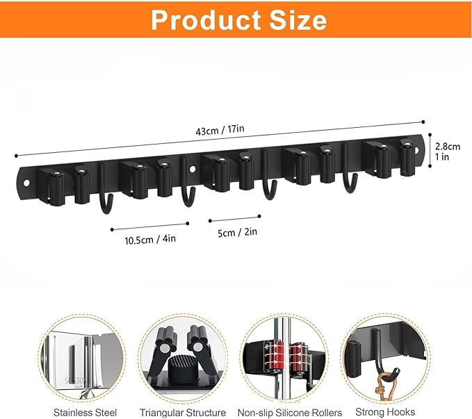 2 Pack Mop and Broom Holder Wall Mount, Non-slip Broom Hanger Wall Mount, Heavy Duty Mop Broom Organizer for Kitchen Garden Garage Laundry Room Wall Decor Organization and Storage Black 5R4H