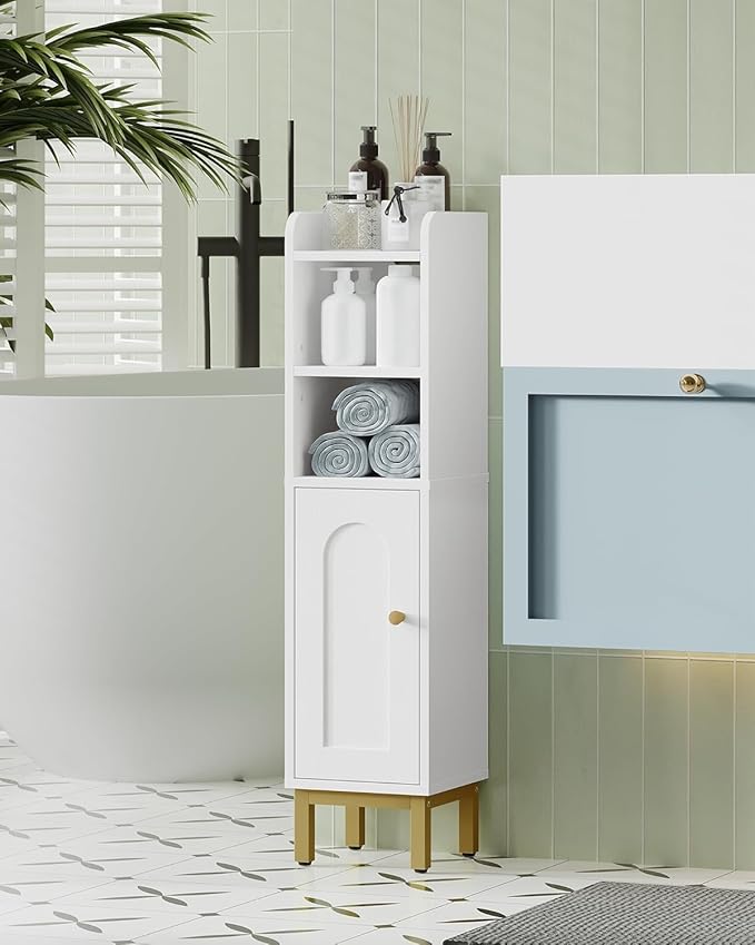 Bathroom Storage Cabinet, Small Corner Floor Cabinet with Door and Shelves, Narrow Toilet Paper Holder, Bathroom Organizer with Adjustable Shelf, for Small Spaces, White BC08203X