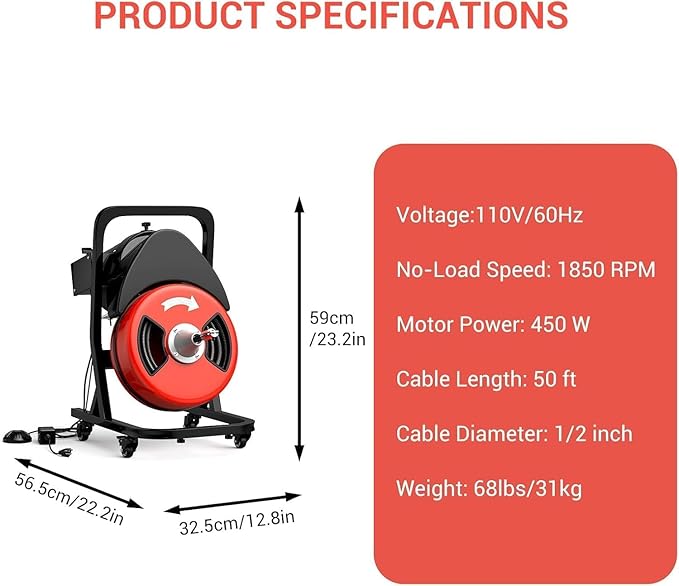 50FTx1/2 Inch Drain Cleaner Machine with Wheels, Sewer Snake Drain for 2" to 4" Pipes, Plumbing Snake Auger Cleaner with 6 Cutter & Foot Switch for Sewer, Sink, Toilet, Bathroom